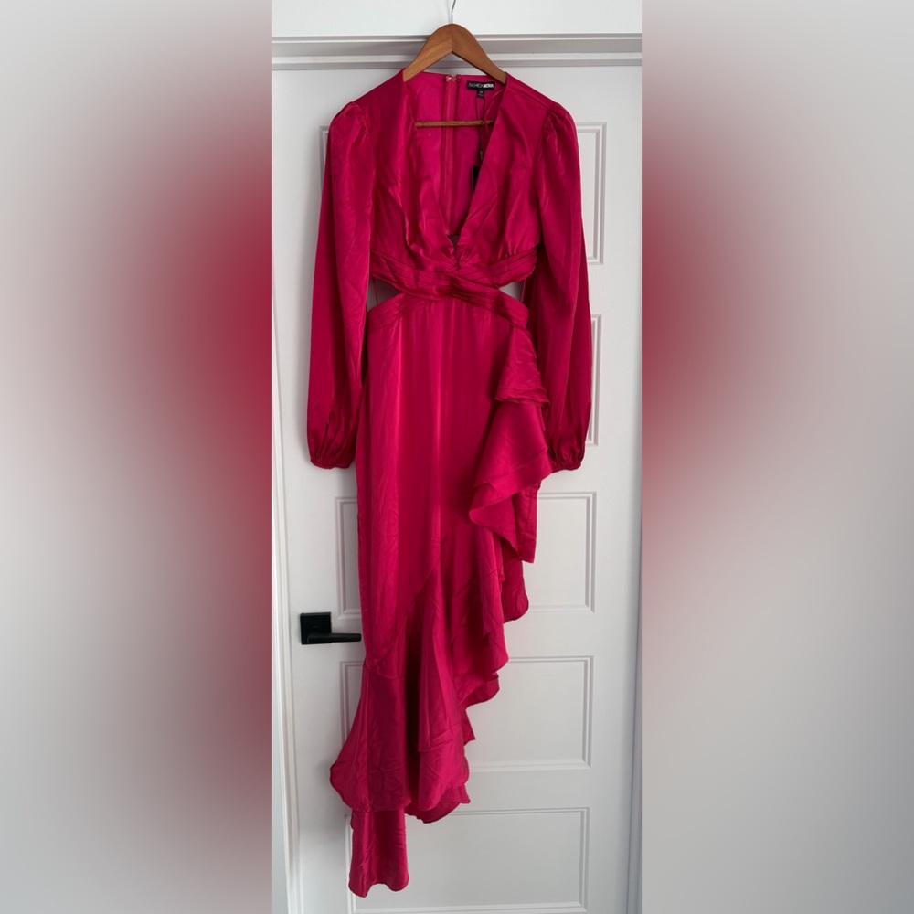 Asymmetrical Fuchsia Wrap Midi Dress with Ruffle Detail